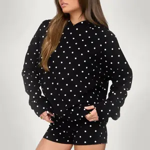Women's Autumn New Arrival White Polka Dot Hoodie and Shorts Matching 2 Piece Set Womenswear