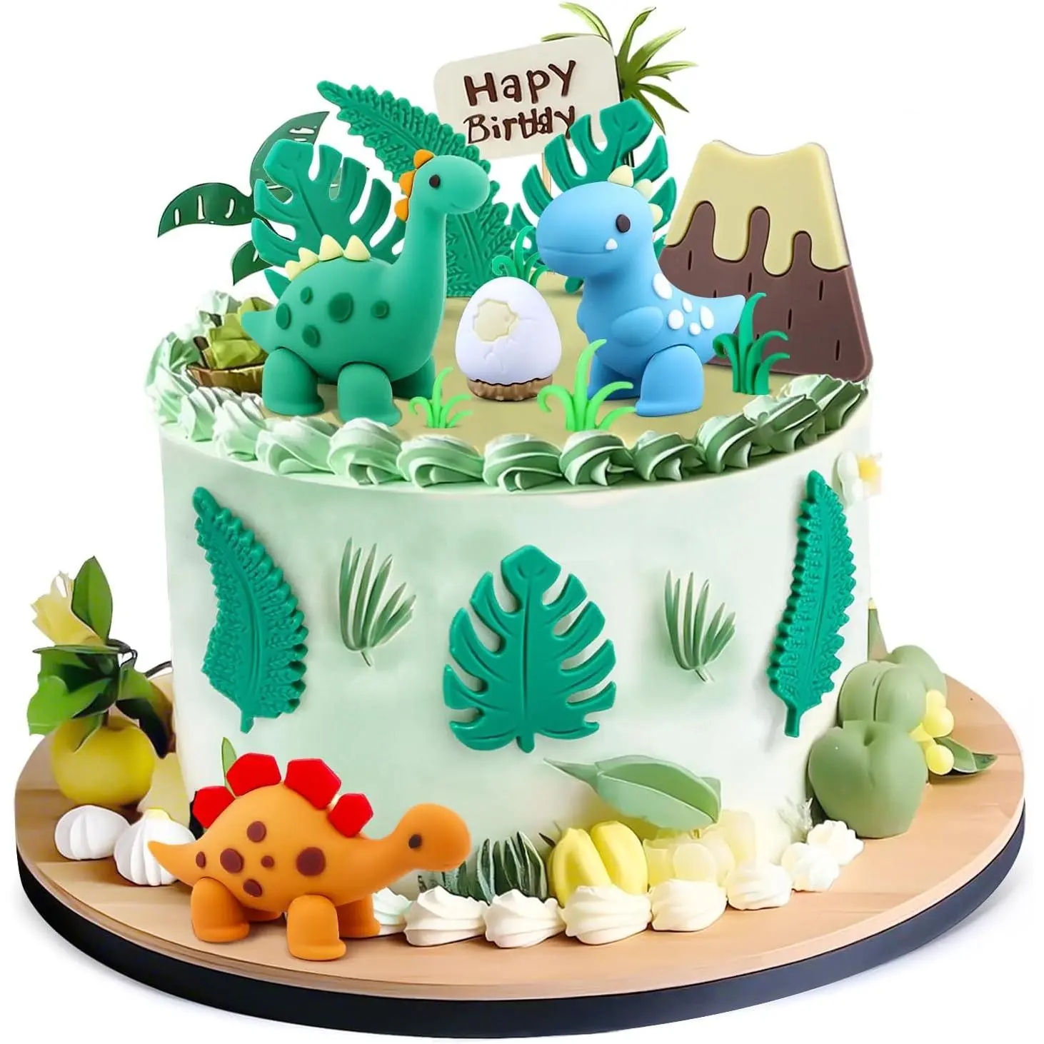 F-PSD12 15PCS Cute Mini Size 2~3 In Waterproof PVC Fairy Cartoon Dinosaur Cake Toppers - Anti-Drop Dino Egg, Leaves, Grass, Volcano Decor for Kids' Birthday, Anniversary - Stable Party Supplies Gift Option