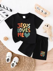 Baby Boys Summer New Short Sleeve Shorts Set, Cartoon Letter Print Round Neck T-Shirt, Casual Loose Fit, Outdoor Play School Shopping