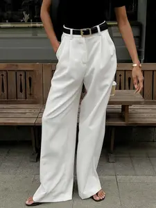 Women's High Waisted Dress Pants, White Loose Fit, Fashionable Simple Cross-Border Style Trousers