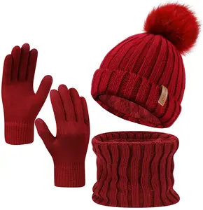 Winter Adventure Set - Knit Stripe Beanie Hat with Plush Ball & Finger Touch Screen Gloves for Women - Christmas Gift - Machine Washable Acrylic Knit Fabric - Festive & Functional Winter Gear