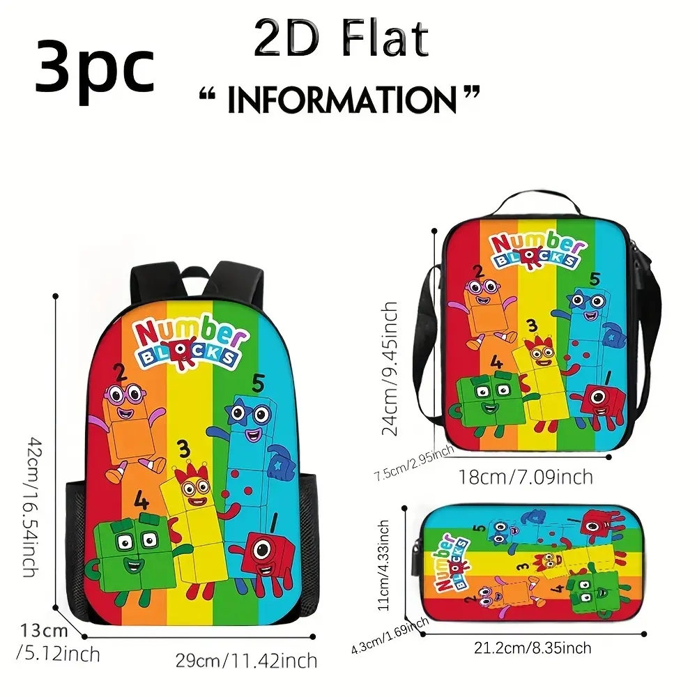 Numberblocks 3-Piece Backpack Set, Kids' Educational Cartoon Print School Bag + Lunch Bag + Pencil Case, Oxford Cloth Adjustable Strap Daypack for Toddlers & Preschoolers