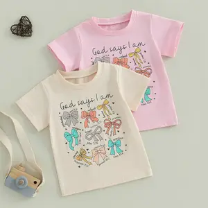 Toddler Baby Kid Girl Summer T-Shirt Letter Bow Print Short Sleeve Round Neck Loose Fit Tops for Daily Wear 1-6 Years