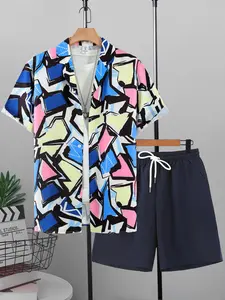 Men's Colorful Geometric Print 2-Piece Loungewear Set - Short Sleeve Camp Collar Shirt & Navy Drawstring Shorts, Soft Breathable Fabric, Relaxed Fit for At-Home Lounging, Lazy Weekends & Casual Evenings