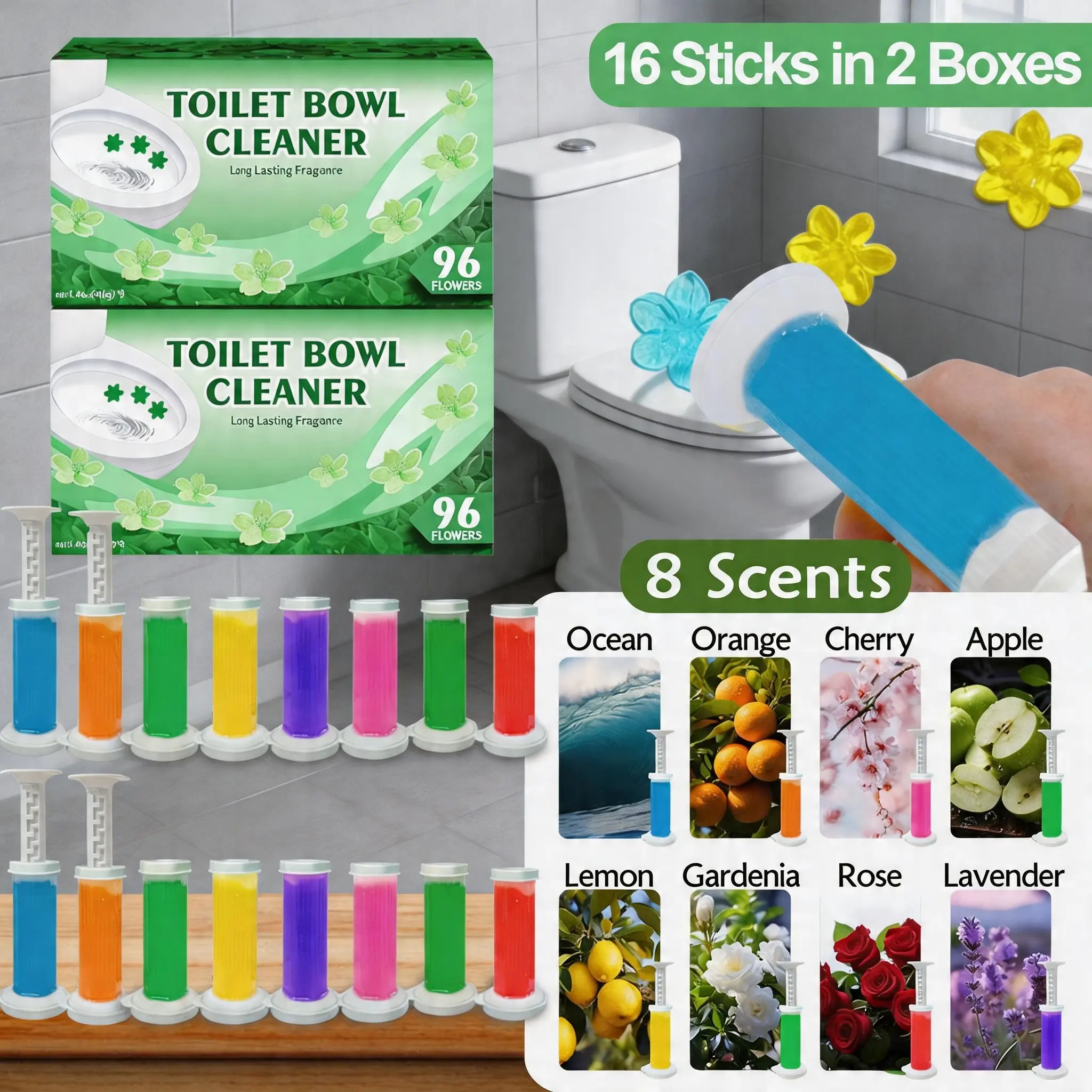 Magic Toilet Cleaner with Flower Effect, 2 Boxes, 8 Fragrances, Strong Cleaning, Scented, Long-Lasting Scent, Universal for All Toilets, Household Cleaner, Home Cleaning Supplies, Cleaning Products