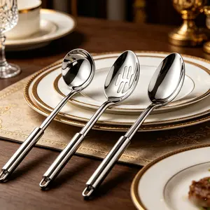 3-Piece Silver Stainless Steel Serving Utensils – Heavy Duty Serving Spoon, Slotted Spoon & Soup Ladle for Buffet, Parties, BBQ & Family Dinner