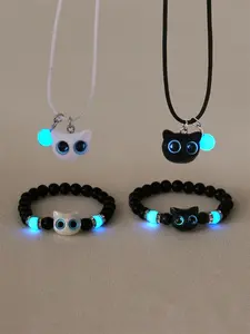 4Pcs Glowing Bead Cute Cat Couple Bracelets and Necklace Best Friend Gift Jewelry Set