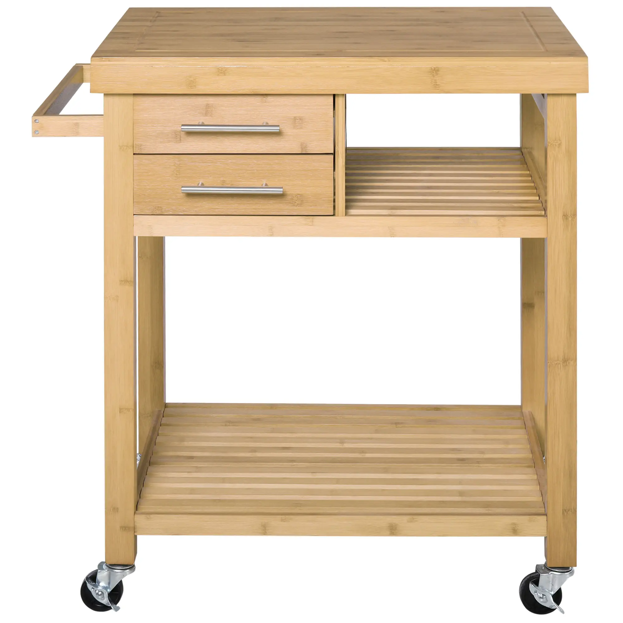 Freestanding Bamboo Kitchen Cart on Casters 36.5 Inch Tall for Living Room Entryway Garage Workshop Movable Extra Counter Space for Holiday Dinner