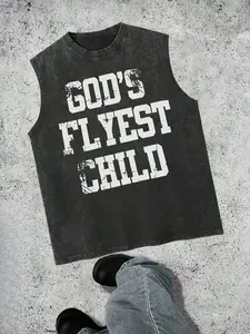 Retro Washed Black Oversized Tank Top, "God's Flyest Child" Distressed Text Graphic Print, Casual Sleeveless Streetwear for Men & Women, Loose Fit for Outdoor & Daily Wear
