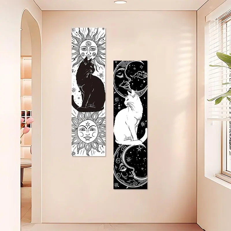 1 Set 2Pcs Celestial Cat Tapestry Black and White Wall Hanging for Bedroom, Living Room, Party or Room Decor 59*15.75inch Polyester Decorative Flag for Bedroom Wall Decor Aesthetic As Excellent Ideal Birthday Gifts for Friends