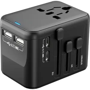 Travel Adapter, International Power Plug with 2 USB-C & 2 USB-A Ports, Worldwide Wall Charger for , UK, , AU,   for  15/Pro,  (Black)