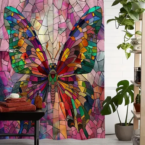 Butterfly Pattern Waterproof Polyester Shower Curtain, Decorative Fabric Curtain for Bathrooms & Rooms, High-End No-Drill Bath Curtain with 12 Hooks, Bathroom Accessory, Bathroom Decoration Accessories, Bath Curtains Shower