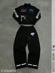 Men's Racing Style Tracksuit Set, Zip-Up Jacket + Wide Leg Pants, Motorsport Streetwear For Casual Wear