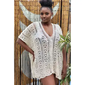 Nina Cheyenne Crochet Beach Cover-Up in Natural Apricot Color with Side-Tie Tassels