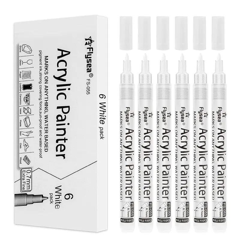 6pcs/set 0.7mm White Hard Point Acrylic Marker Pen, Liquid, Water Based Acrylic Markers, Waterproof Quick Drying Markers, Drawing Art Supplies, For Glass, Ceramic, Rock, Canvas, Wood, Valentine's Day Gift