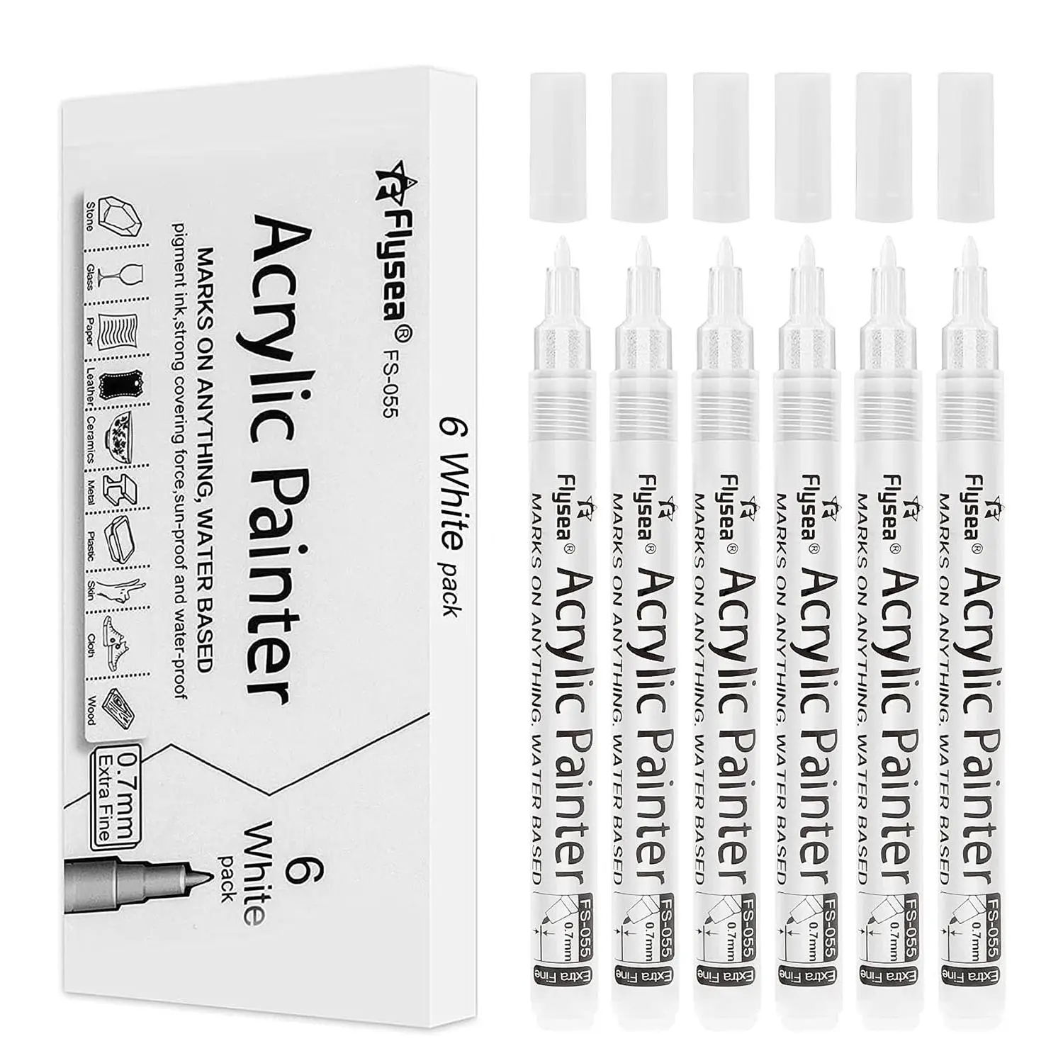 6pcs/set 0.7mm White Hard Point Acrylic Marker Pen, Waterproof Quick Drying Marker Pen, Suitable for Art Supplies for Glass Ceramic Rock Painting Canv