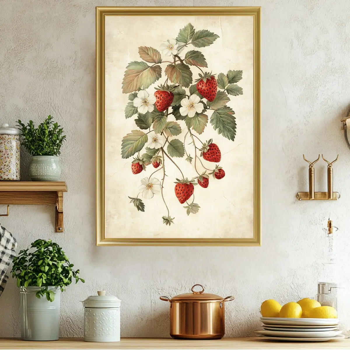 Vintage Botanical Strawberry Wall Art Print, Floral Kitchen Decor, Nature-Themed Wall, Rustic Farmhouse Artwork, Fruit Illustration, Unframed