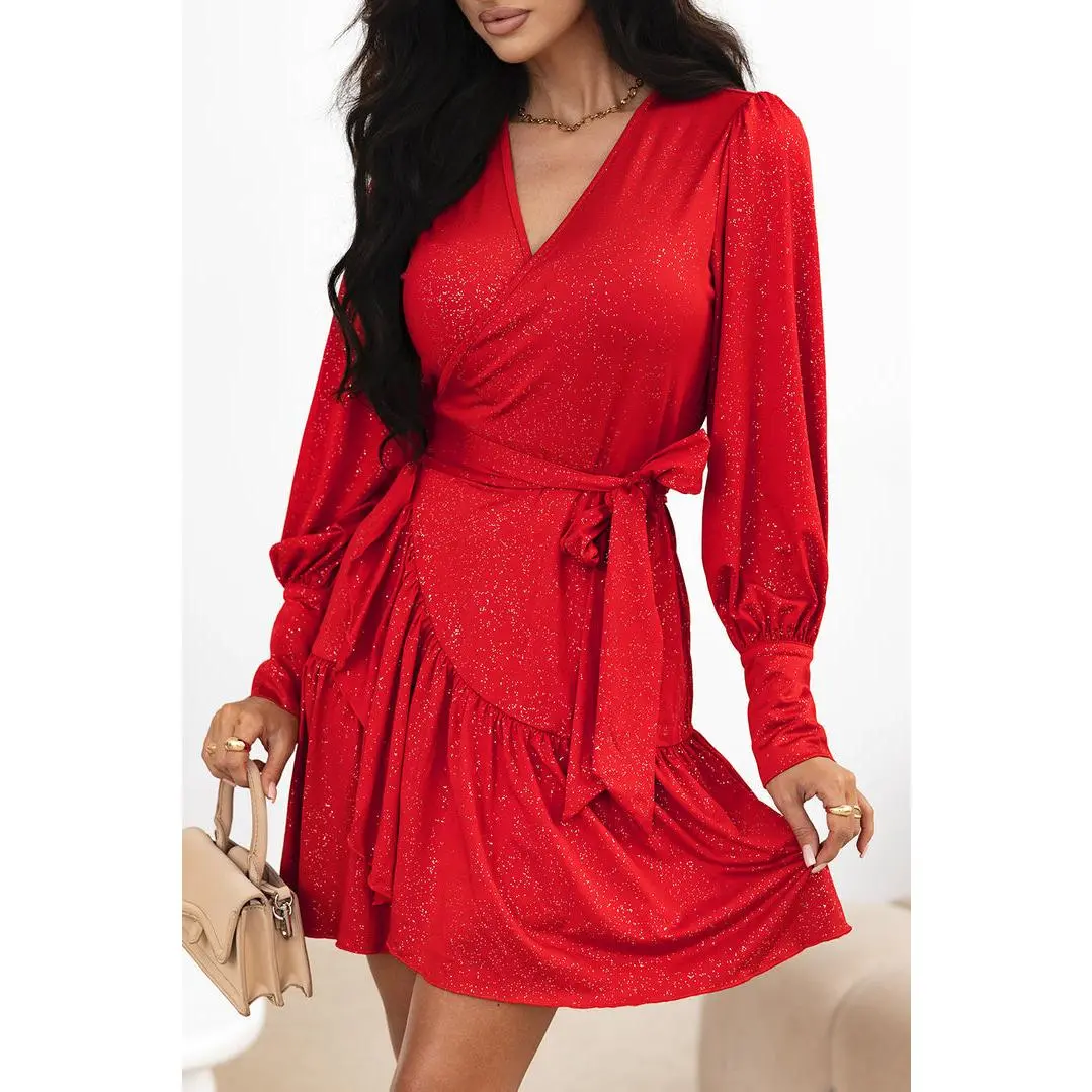 *Racing Red Tinsel Buttoned Bishop Sleeve Surplice Neck Ruffled Mini Dress