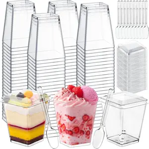 150 Pcs (50 Cups, 50 Lids, 50 Spoons) - Mini Dessert Cups with Spoons and Lids, 5 Oz Square Vasitos Para Postres, Shooters Cups for Party, Clear Yogurt Parfait Cups for Pudding, Fruit, Mousse, Snacks & Appetizers