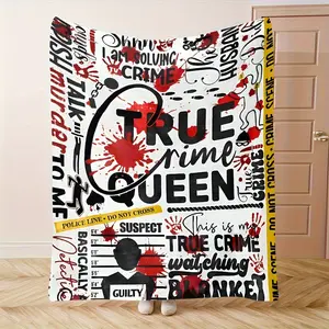 Cozy Crime-Themed "True Crime Queen" Blanket - Red & Black Graphic Design with Blood Splatter, Police Tape, and Suspicious Characters - Soft Plush Polyester Throw for Home Decor, Camping, Travel - Perfect Gift for Mystery Lovers, Mystery Lover Gift |