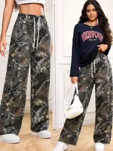 Women's Camouflage Print Pocket Trousers, Street Fashion Wide Leg Casual Trousers for Daily Wear, Ladies Bottoms Pants for All Seasons