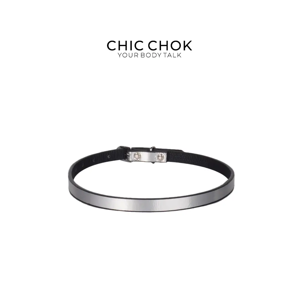 CHICCHOK [Silver Silence] Sterling Silver Color Leather Choker – Gothic Minimalist Collar, Adjustable Punk Fashion Necklace for Women & Men