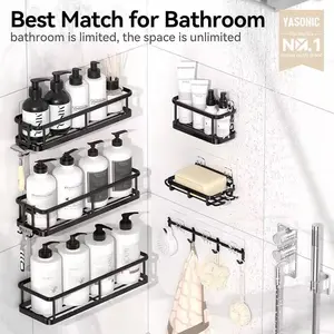 YASONIC No-Drill Wall-Mount Black Shower Caddy Set (2, 5, 6 Pack Options) - Carbon Steel, Modern, Rust-Proof Bathroom Shelves with Removable Hooks, 2-Piece Set Inside Shower Storage Organizer for Home Supplies,summervibes
