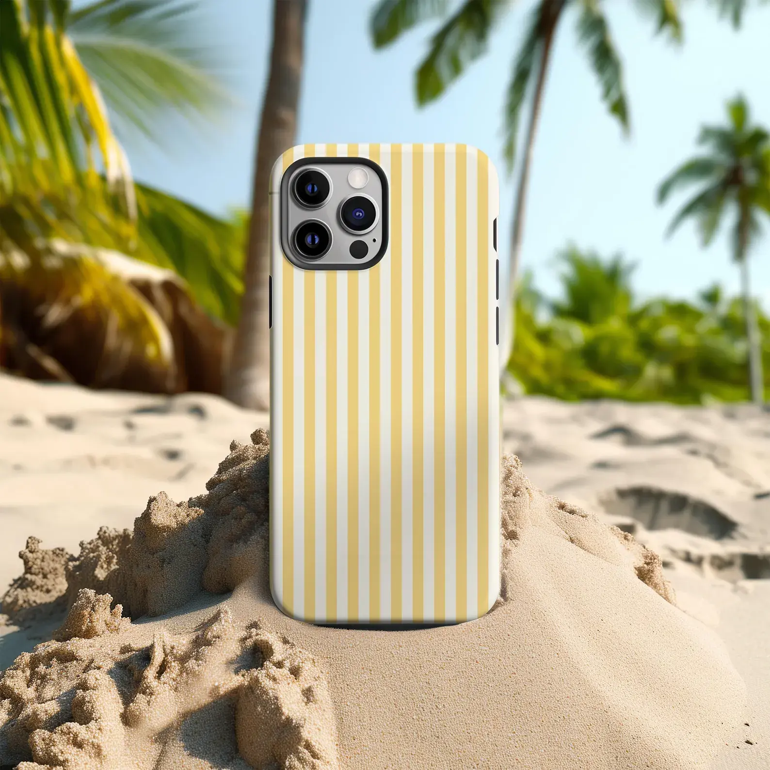 Aesthetic Phone Case, Yellow Summer iPhone Protective Cover Girly Hardshell Trendy Stripe, iPhone 17 16 15 14 13 12 11 Promax