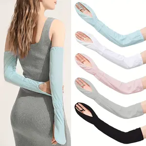 1 Pair Women's Sun Protection Arm Sleeves, Solid Color, Loose Hook Finger Design, Polyester Spandex Blend, Quick-dry, Breathable, Lightweight Horseshoe Gloves for Long Drives, Beach, Casual Outings, Outdoor Activities, Stylish Gloves