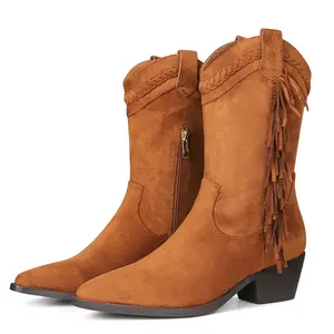 CELNEPHO Fringe Cowgirl Boots for Women Mid Calf Faux Suede Cowboy Boot Western Shoes Perfect for Gift Costume Party Dress Shoes