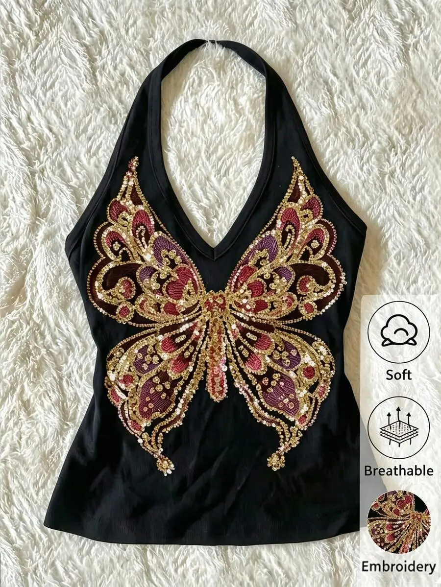 SHANIAH Women's Y2K Retro Sequin Butterfly Beaded Embroidered Knit Halter Neck Camisole Black Casual Summer