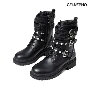 CELNEPHO Ankle Boots for Women Round Toe Gothic Combat Boots Durable Block Heel Platform Boot Side Zipper Closure Metal Buckle Fashionable Rhinestone Rivets Military Motorcycle Boots for Work Music Events Casual Party Dress Shoes Black Deals For You Days