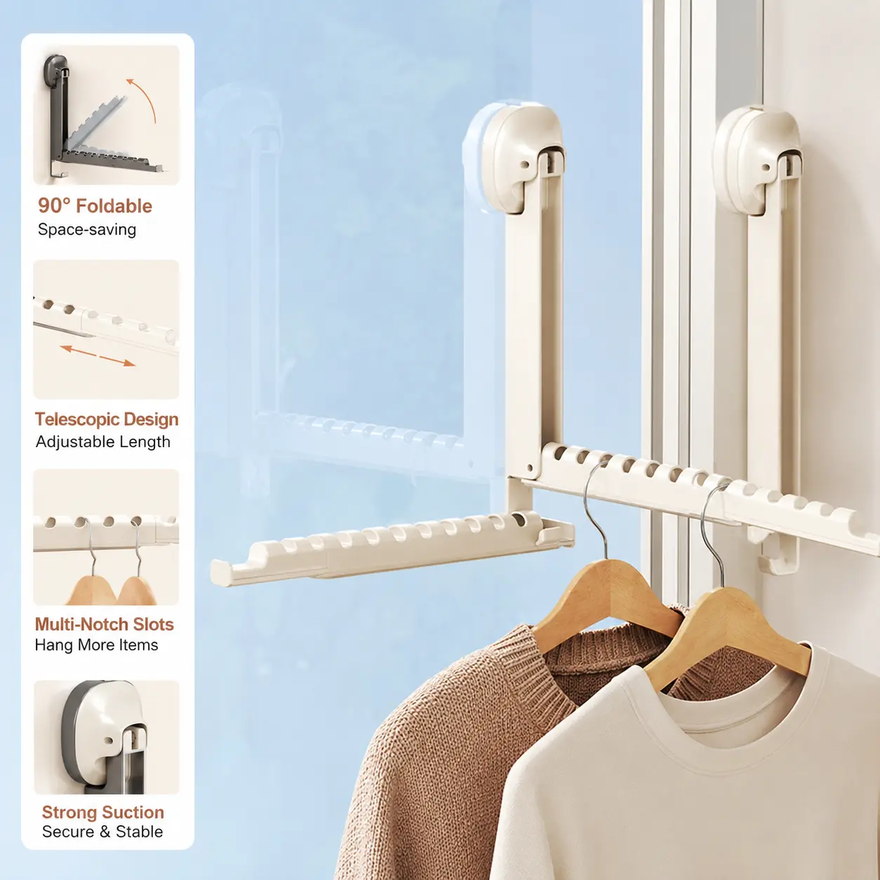 1 Count, Suction Cup Telescopic Drying Rack 90 Degree Foldable 2-level Extendable for Wall and Window Multi-scenario Hanging Storage