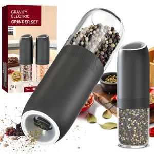 2 Pack Gravity Sensing Electric Grinders, Battery Powered Pepper Mills, Large Transparent Silo, LED Lights, Home & Outdoor Use