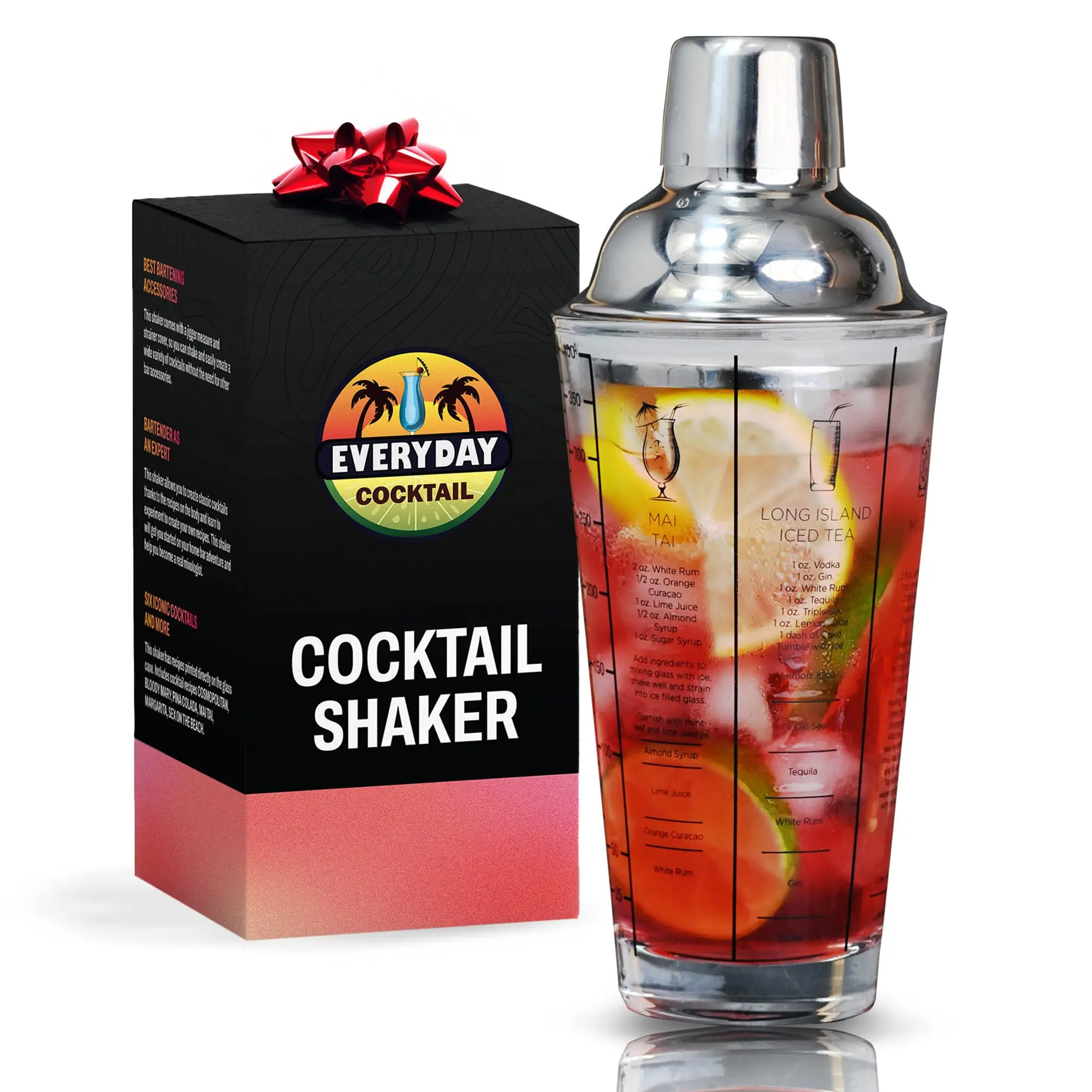 Leakproof Glass Cocktail Shaker  14oz with Measurements (OZ/ML) & 6 Recipes | Easy Martini & Margarita Maker