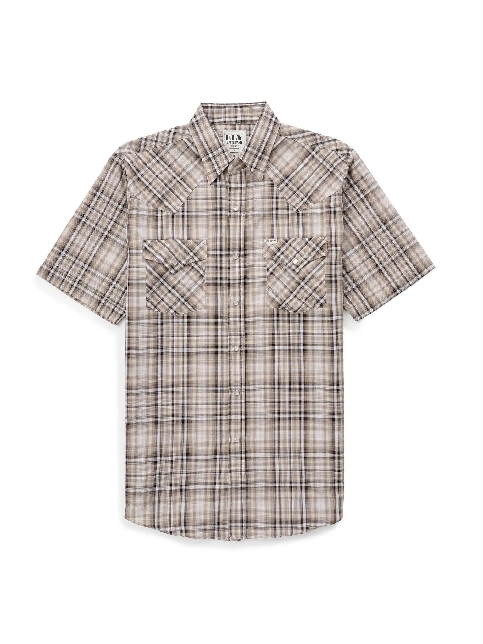 Men's Classic Ely Cattleman Short Sleeve Plaid Western Snap Shirt, Menswear Tops with Functional Pocket and Durable Fabric, Shortsleeve, Polyester, Breathable