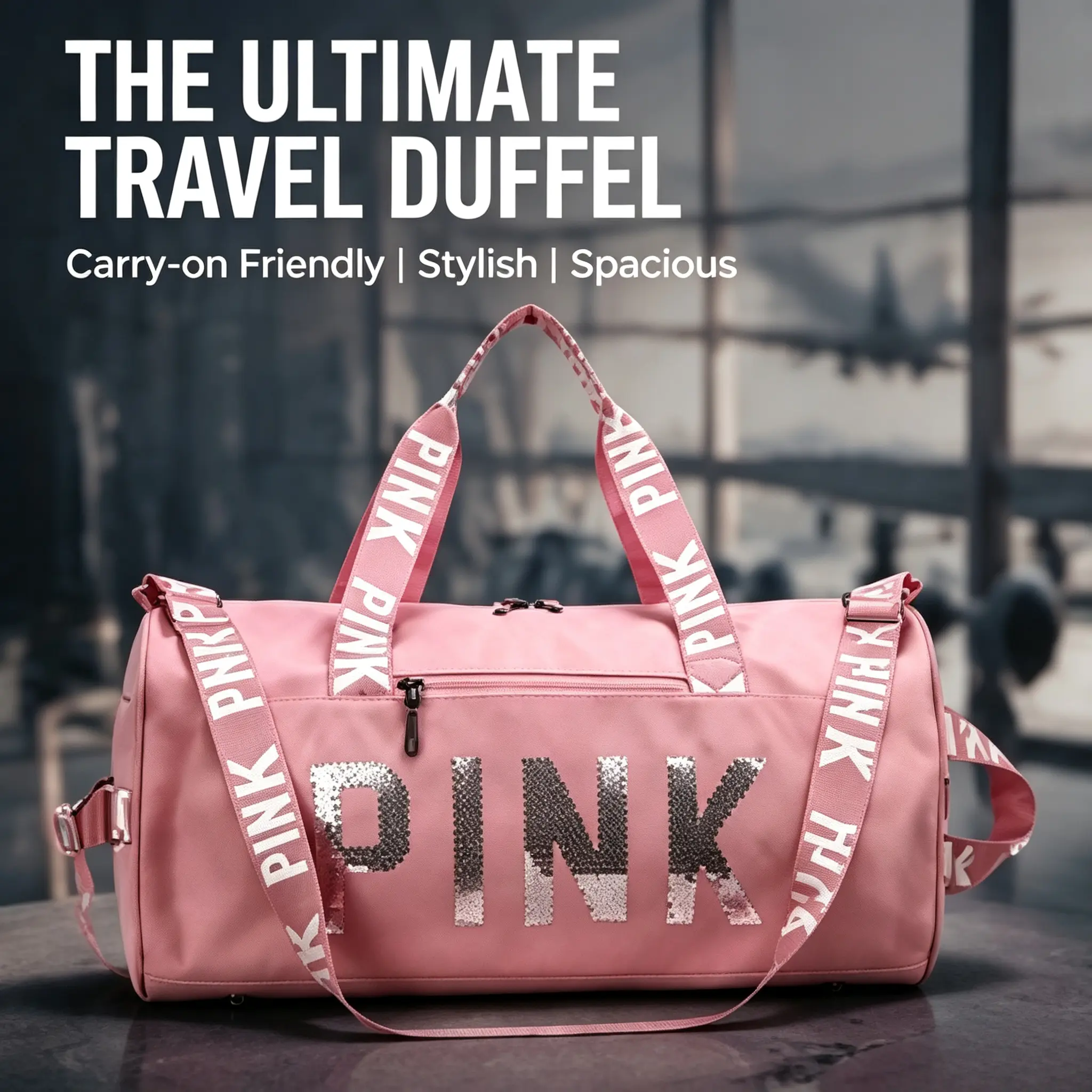 Waterproof Large-Capacity Sports Duffle Bag; Trendy Crossbody Shoulder Bag With Shiny Sequined Pink Letter Print, Lightweight Silhouette,Ample Storage Space, Perfect For Weekend Short Trips And Daily Outdoor Adventures
