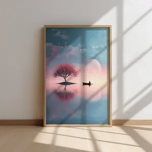 Surreal Moonlight Lake Wall Art – Minimalist Boat And Tree Print – Tranquil Pink Blue Landscape Poster for, Room Decor, Unframed – 5 size,  8x12 to 27x40 inch