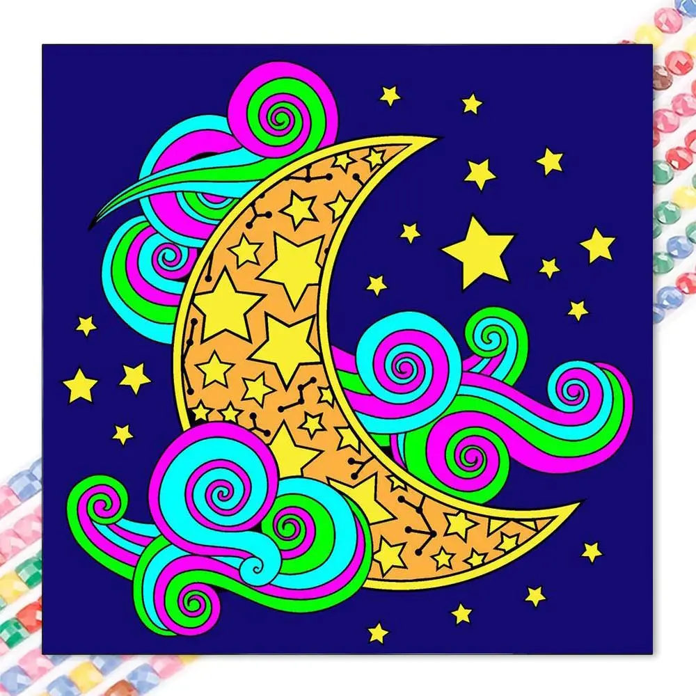 5D DIY Full Drill Round Diamond Painting Kit - Moon and Star Mosaic Canvas for Wall Art Decoration