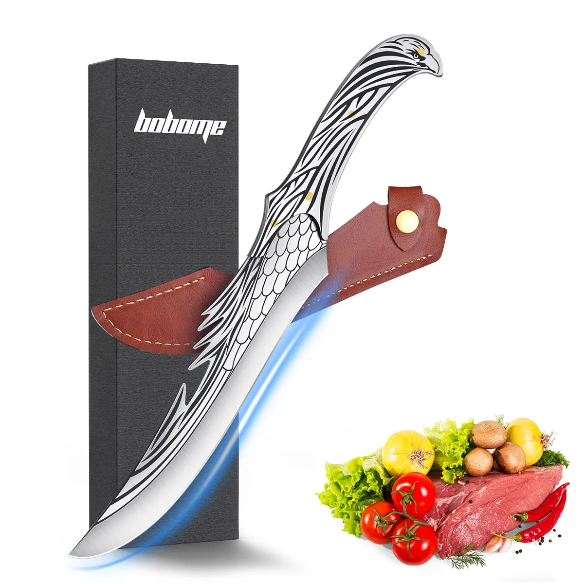 BOBOME Feather Viking Boning Knife - Bald Eagle Chef Knife 8", Full-Body Sculpted Steak Boning Knife Unique Feather Knife Gift for Men Father