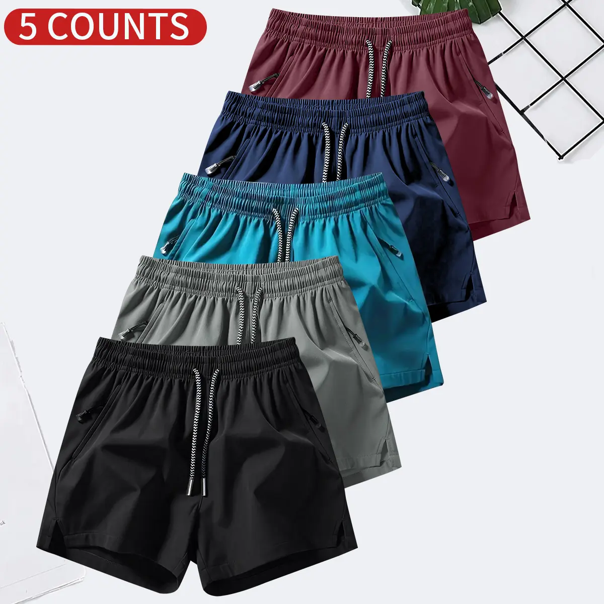 Men's Solid Color Casual Shorts Five-Piece Set, With Zipper Pockets, Summer Fashion Drawstring Sports Shorts, Suitable For Gym And Outdoor Wear Men's Solid Color Casual Shorts Five-Piece Set, With Zipper Pockets, Summer Fashion Drawstring Sports Shorts, Suitable For Gym And Outdoor Wear