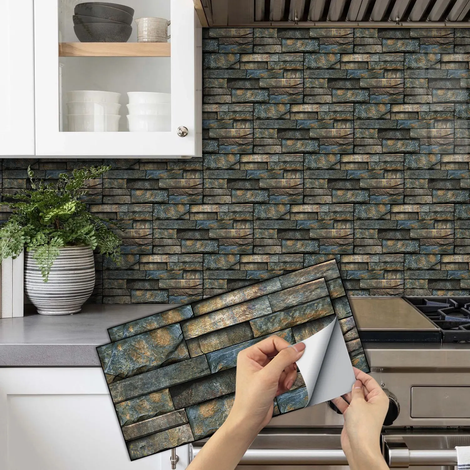 6/12/24/48 PCS Vintage FG Tile Stickers, Retro Rustic Stone 3D Layered, PVC Crystal Film, Peel & Stick Removable Decorative Backsplash, Waterproof Oil-Proof DIY Self-Adhesive Wall Decor, Home Decor