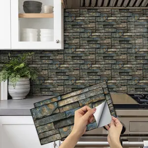 6/12/24/48 PCS Vintage FG Tile Stickers, Retro Rustic Stone 3D Layered, PVC Crystal Film, Peel & Stick Removable Decorative Backsplash, Waterproof Oil-Proof DIY Self-Adhesive Wall Decor, Home Decor