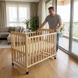 Aobtkel®Baby Bassinets Bedside Sleeper - Portable Pine Wood Bedside Bassinet,3 Heights SmallMini Crib with Mattress,Space-Saving DesignBaby Crib for Newborns 0-36 Months, SolidWood Bed Frame with Fence, Door & Safety Guardrails, CPC Certified#Summervibes