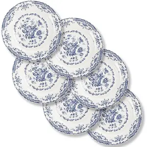 Salad Plates, Ceramic Plates Set of 6, Kitchen Plates Microwave Safe, 8.5 Inch White Plate Dessert Blue Floral