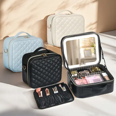 Makeup Bag with Light Up Mirror, 10in 12in Makeup Case Travel Cosmetic Bags Brush Organizer Storage Box, Rechargeable Vanity Mirror with 3 Color Lights, High Frame Mirror Protection (Black) Compact