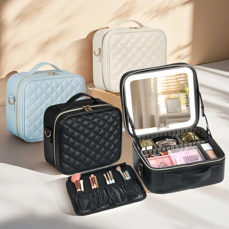 Makeup Bag with Light Up Mirror, 10in 12in Makeup Case Travel Cosmetic Bags Brush Organizer Storage Box, Rechargeable Vanity Mirror with 3 Color Lights, High Frame Mirror Protection (Black) Compact