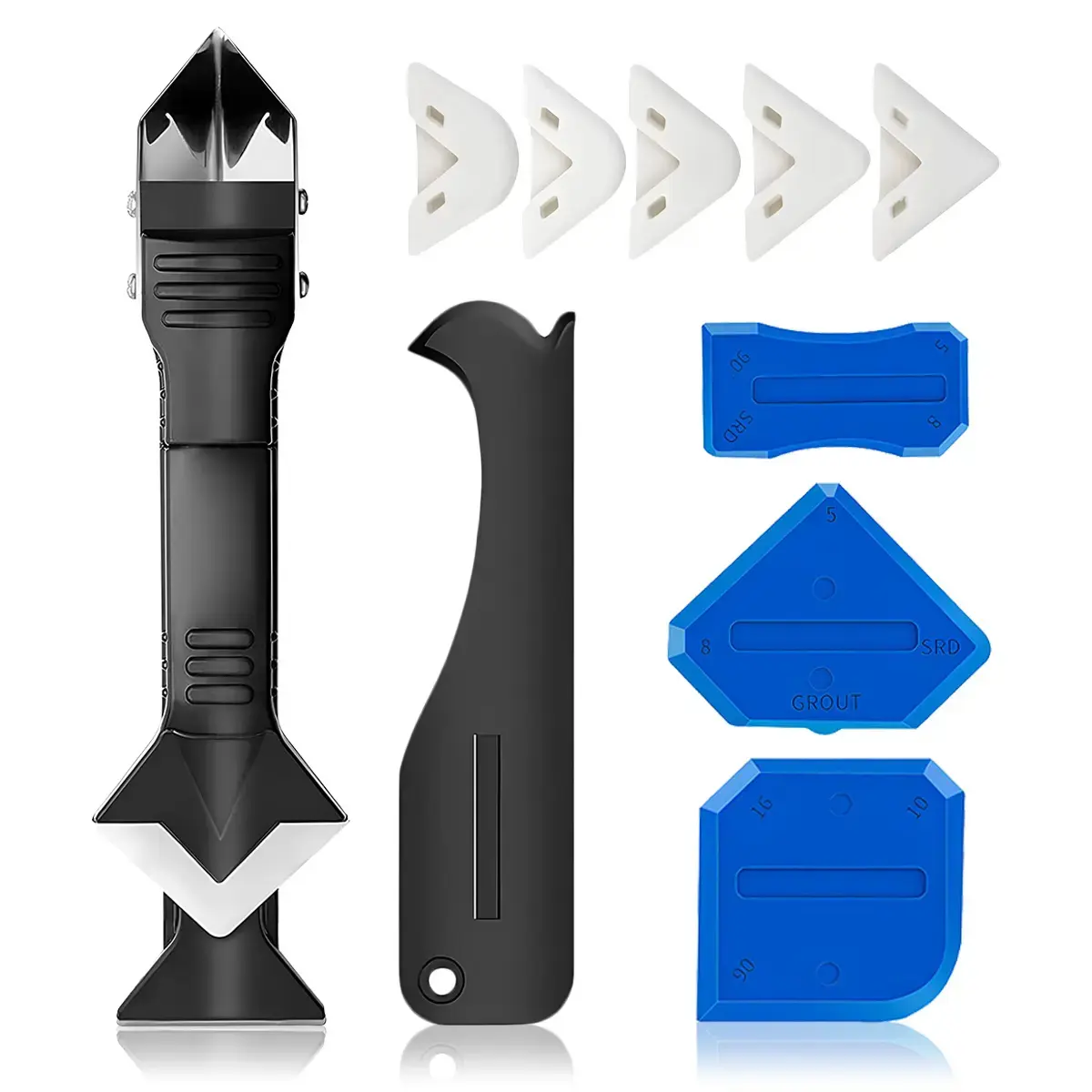 3 In 1 Silicone Sealing Tool Set - 420 Stainless Steel Sealant Finishing Tool with 3/6/10/13/17mm Silicone Radius Caps, Grout Remover Scraper, Engineering Plastic Body & Dual-Mode Instant Switch for Home Bathroom, Kitchen Sink Joints