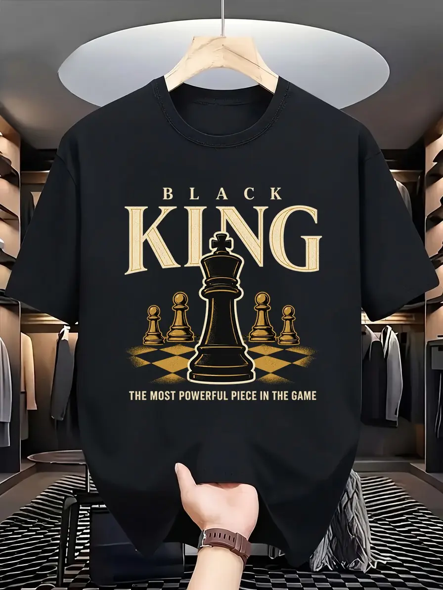 Men’s BLACK KING Cotton Graphic T-Shirt, Powerful Chess King and Pawn Statement Tee for Strategy Fans and Everyday Wear