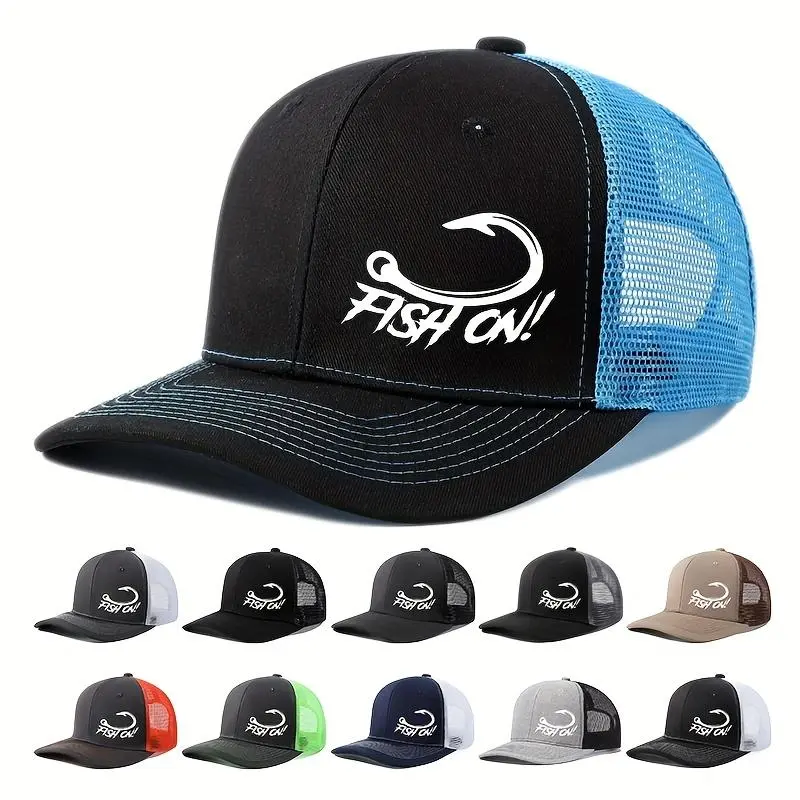 Fish On Fish Hook Graphic Print Trucker Hat, Unisex Breathable Mesh Back Snapback Baseball Cap, Adjustable Outdoor Sun Hat for Fishing Hunting Camping